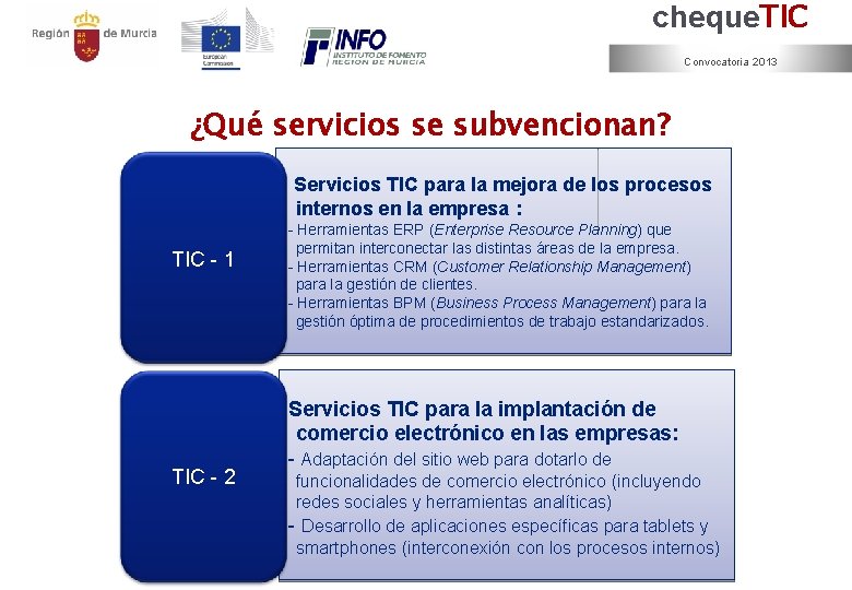 cheque. TIC Convocatoria 2013 ¿Qué servicios se subvencionan? Servicios TIC para la mejora de