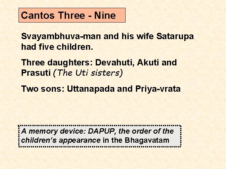 Cantos Three - Nine Svayambhuva-man and his wife Satarupa had five children. Three daughters: