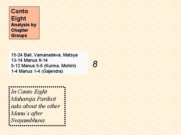 Canto Eight Analysis by Chapter Groups 15 -24 Bali, Vamanadeva, Matsya 13 -14 Manus