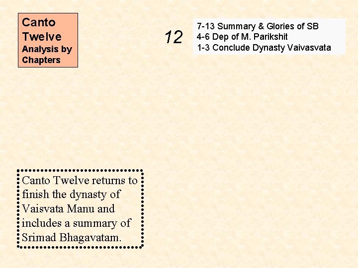 Canto Twelve Analysis by Chapters Canto Twelve returns to finish the dynasty of Vaisvata
