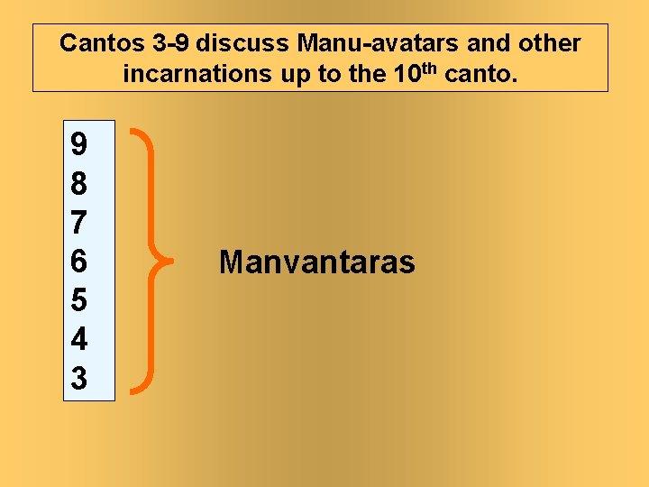 Cantos 3 -9 discuss Manu-avatars and other incarnations up to the 10 th canto.