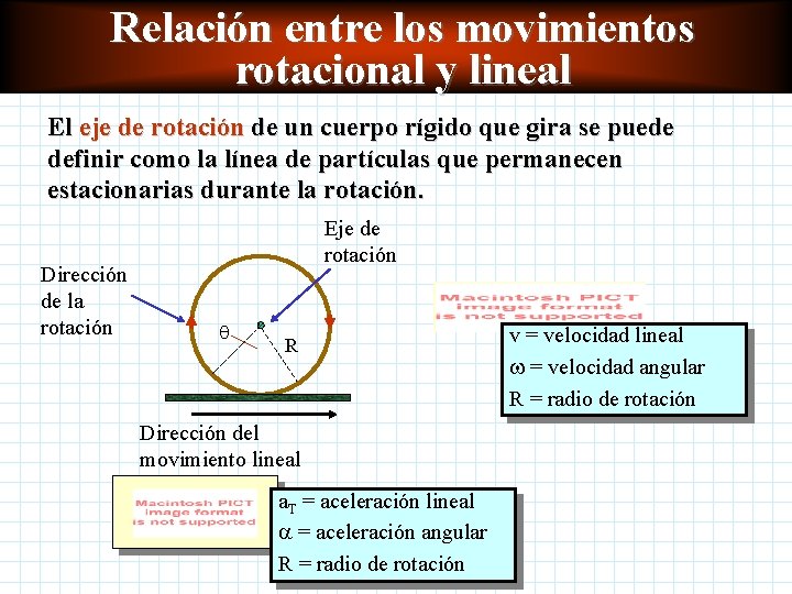 Relación entre los movimientos rotacional y lineal El eje de rotación de un cuerpo