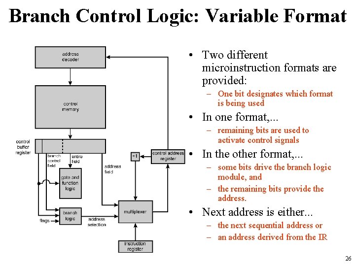 Branch Control Logic: Variable Format • Two different microinstruction formats are provided: – One
