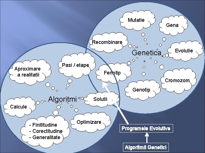 Mutatie Gena Recombinare Evolutie Genetica Aproximare a realitatii Pasi / etape Fenotip Cromozom Genotip