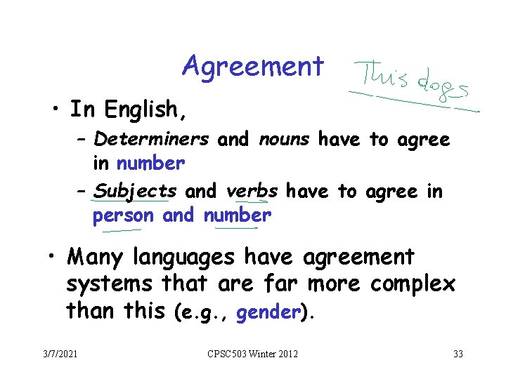 Agreement • In English, – Determiners and nouns have to agree in number –