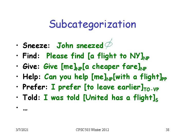 Subcategorization • • Sneeze: John sneezed Find: Please find [a flight to NY]NP Give: