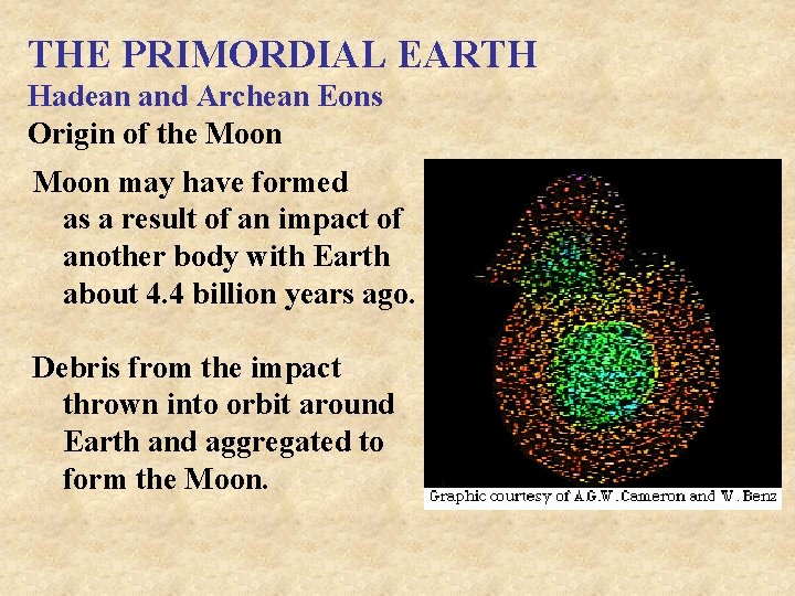 THE PRIMORDIAL EARTH Hadean and Archean Eons Origin of the Moon may have formed