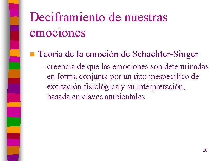 Deciframiento de nuestras emociones n Teoría de la emoción de Schachter-Singer – creencia de