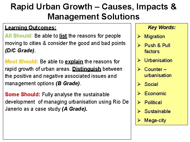 Rapid Urban Growth – Causes, Impacts & Management Solutions Learning Outcomes: Key Words: All