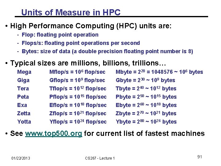 Units of Measure in HPC • High Performance Computing (HPC) units are: - Flop: