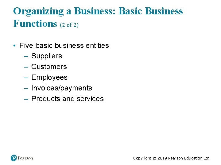 Organizing a Business: Basic Business Functions (2 of 2) • Five basic business entities