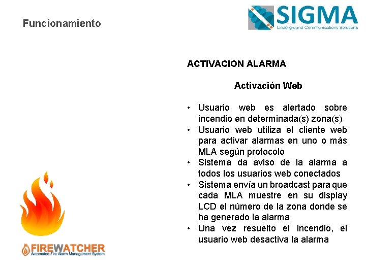 Funcionamiento ACTIVACION ALARMA Activación Web • Usuario web es alertado sobre incendio en determinada(s)