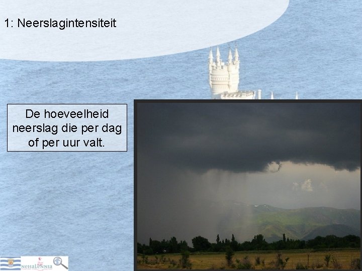 1: Neerslagintensiteit De hoeveelheid neerslag die per dag of per uur valt. 