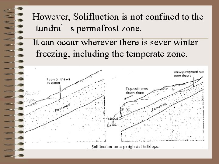  However, Solifluction is not confined to the tundra’s permafrost zone. It can occur