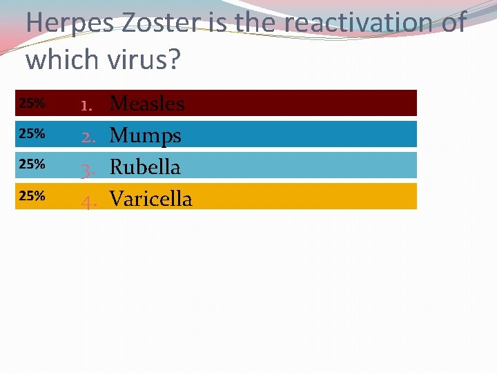 Herpes Zoster is the reactivation of which virus? 1. 2. 3. 4. Measles Mumps Herpes Zoster is the reactivation of which virus? 1. 2. 3. 4. Measles Mumps