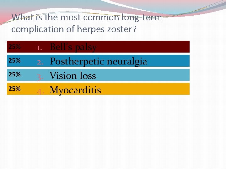 What is the most common long-term complication of herpes zoster? 1. 2. 3. 4.