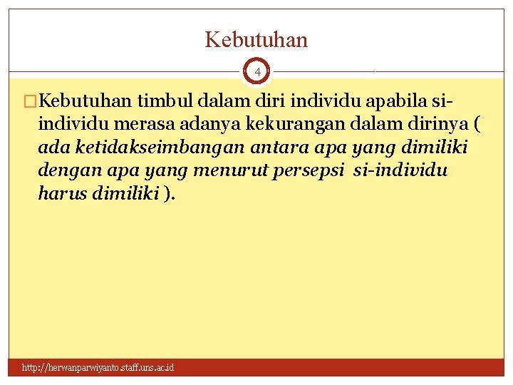 Kebutuhan 4 �Kebutuhan timbul dalam diri individu apabila si- individu merasa adanya kekurangan dalam