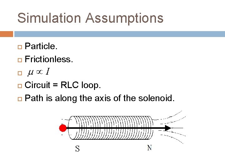 Simulation Assumptions Particle. Frictionless. Circuit = RLC loop. Path is along the axis of