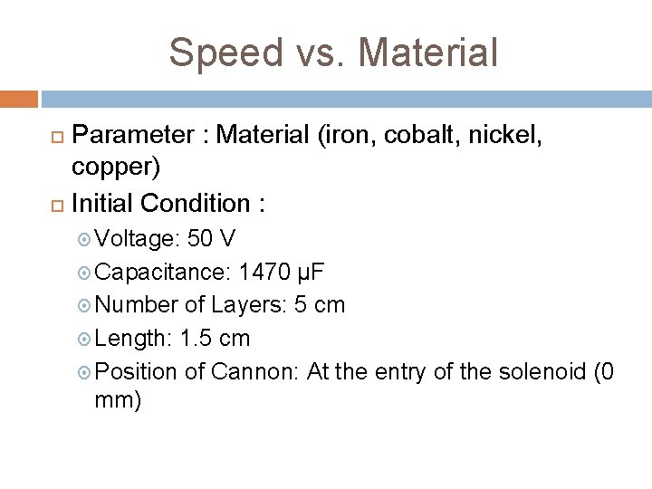 Speed vs. Material Parameter : Material (iron, cobalt, nickel, copper) Initial Condition : Voltage:
