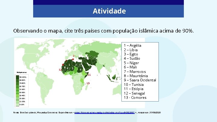 Atividade Observando o mapa, cite três países com população islâmica acima de 90%. 1