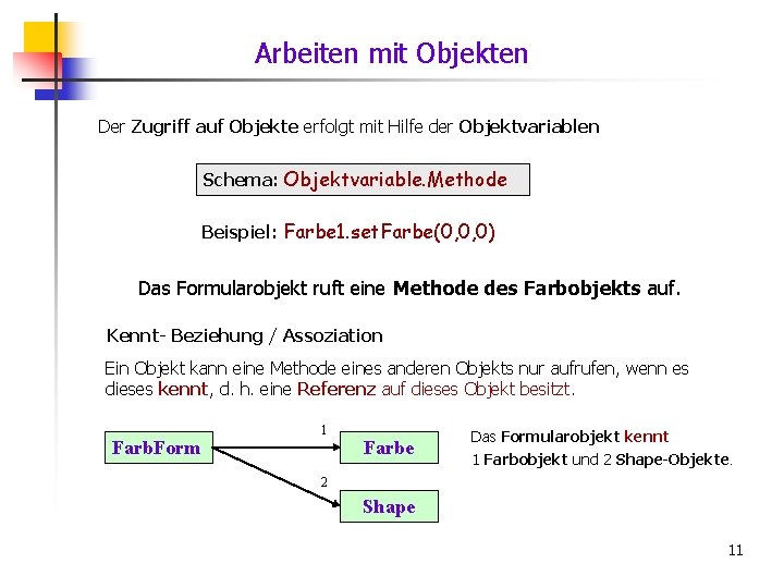 Arbeiten mit Objekten Der Zugriff auf Objekte erfolgt mit Hilfe der Objektvariablen Schema: Objektvariable.