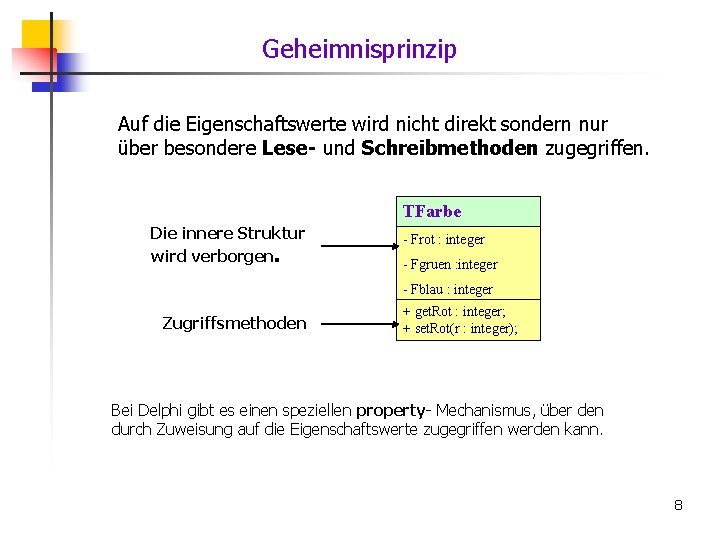 Geheimnisprinzip Auf die Eigenschaftswerte wird nicht direkt sondern nur über besondere Lese- und Schreibmethoden