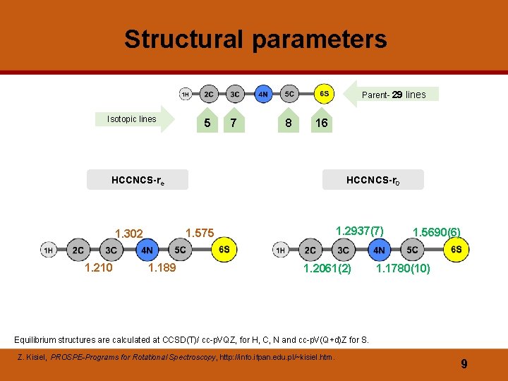 Structural parameters Parent- 29 lines Isotopic lines 5 7 8 16 HCCNCS-re 1. 2937(7)