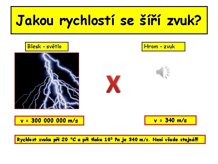 Jakou rychlostí se šíří zvuk? Blesk - světlo Hrom - zvuk X v = Jakou rychlostí se šíří zvuk? Blesk - světlo Hrom - zvuk X v =