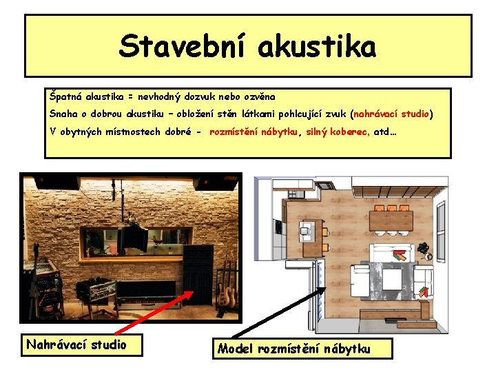 Stavební akustika Špatná akustika = nevhodný dozvuk nebo ozvěna Snaha o dobrou akustiku – Stavební akustika Špatná akustika = nevhodný dozvuk nebo ozvěna Snaha o dobrou akustiku –