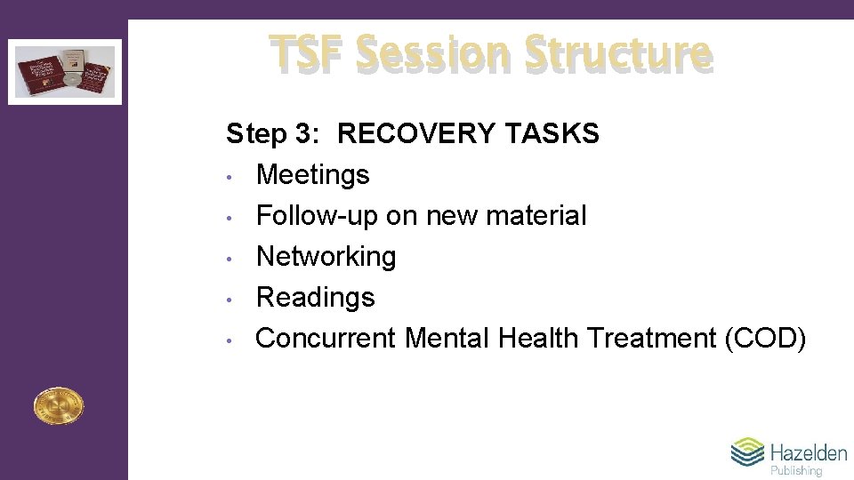 TSF Session Structure Step 3: RECOVERY TASKS • Meetings • Follow-up on new material