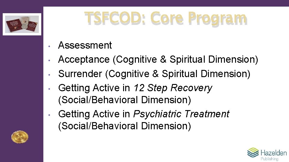 TSFCOD: Core Program • • • Assessment Acceptance (Cognitive & Spiritual Dimension) Surrender (Cognitive