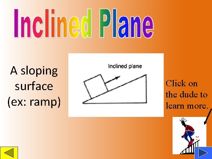 A sloping surface (ex: ramp) Click on the dude to learn more. 