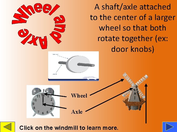 A shaft/axle attached to the center of a larger wheel so that both rotate