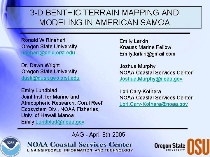 3 -D BENTHIC TERRAIN MAPPING AND MODELING IN AMERICAN SAMOA Ronald W Rinehart Oregon