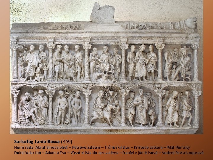 Sarkofág Junia Bassa (359) Horní řada: Abrahámova oběť – Petrovo zatčení – Trůnící Kristus Sarkofág Junia Bassa (359) Horní řada: Abrahámova oběť – Petrovo zatčení – Trůnící Kristus