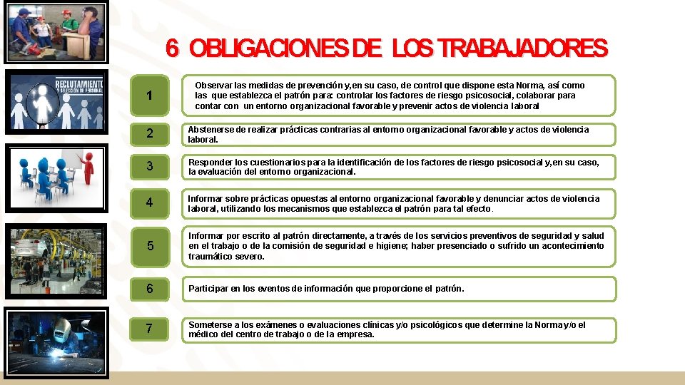6 OBLIGACIONES DE LOS TRABAJADORES 1 Observar las medidas de prevención y, en su 6 OBLIGACIONES DE LOS TRABAJADORES 1 Observar las medidas de prevención y, en su