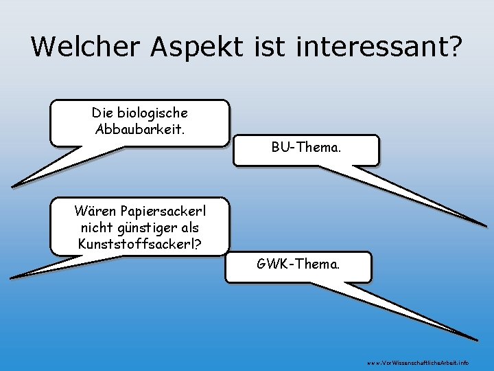 Welcher Aspekt ist interessant? Die biologische Abbaubarkeit. BU-Thema. Wären Papiersackerl nicht günstiger als Kunststoffsackerl?