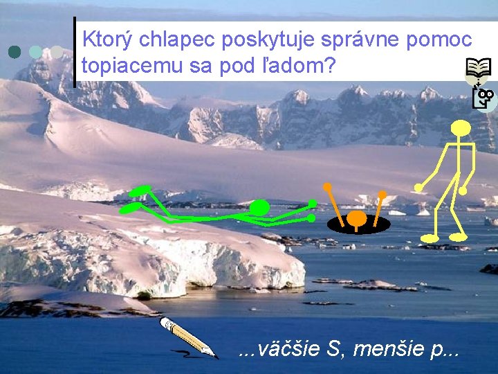 Ktorý chlapec poskytuje správne pomoc topiacemu sa pod ľadom? . . . väčšie S,