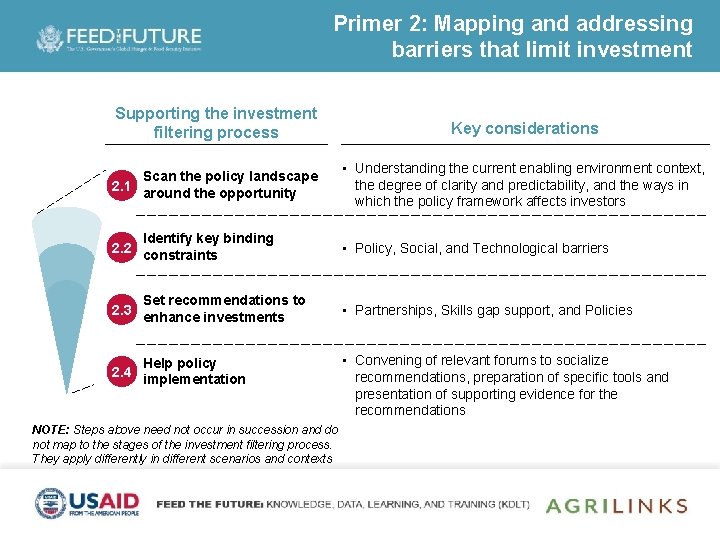 Primer 2: Mapping and addressing barriers that limit investment Supporting the investment filtering process