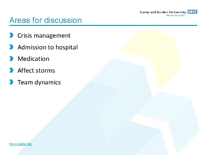 Areas for discussion Crisis management Admission to hospital Medication Affect storms Team dynamics 