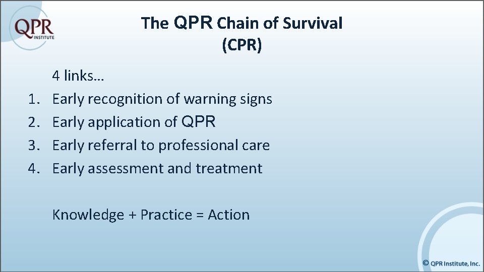 The QPR Chain of Survival (CPR) 1. 2. 3. 4. 4 links… Early recognition