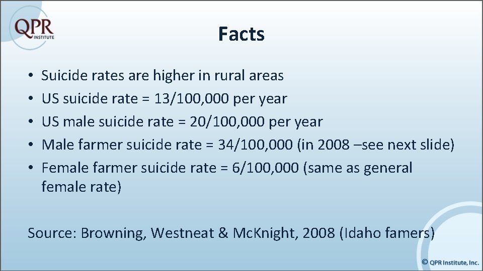 Facts • • • Suicide rates are higher in rural areas US suicide rate