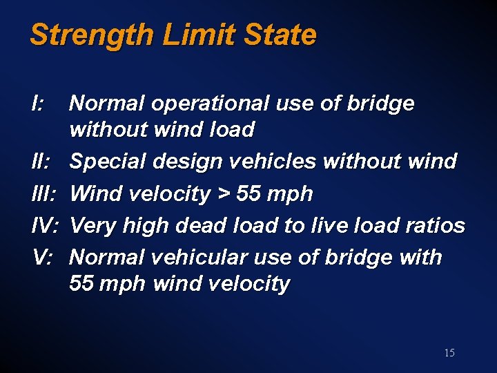 Strength Limit State I: III: IV: V: Normal operational use of bridge without wind