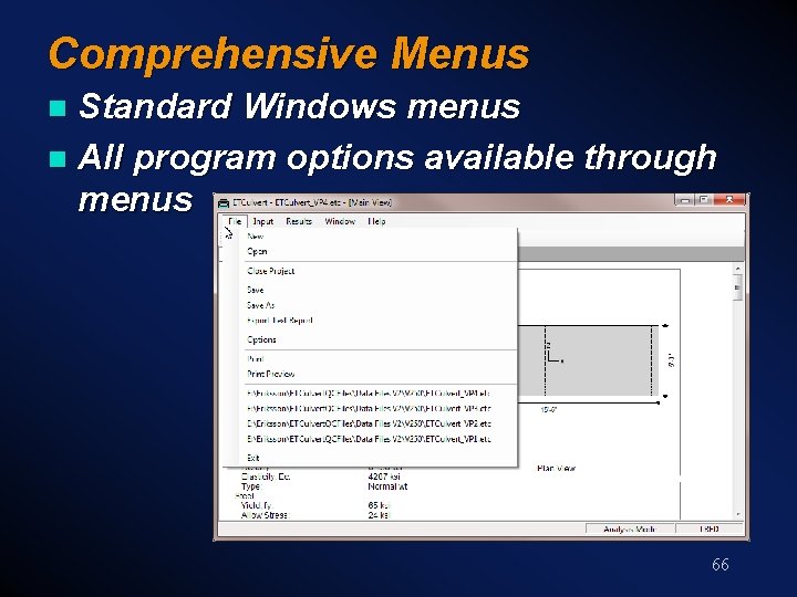 Comprehensive Menus Standard Windows menus n All program options available through menus n 66