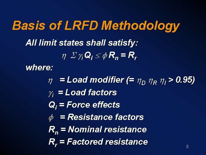 Basis of LRFD Methodology All limit states shall satisfy: h S g i Q