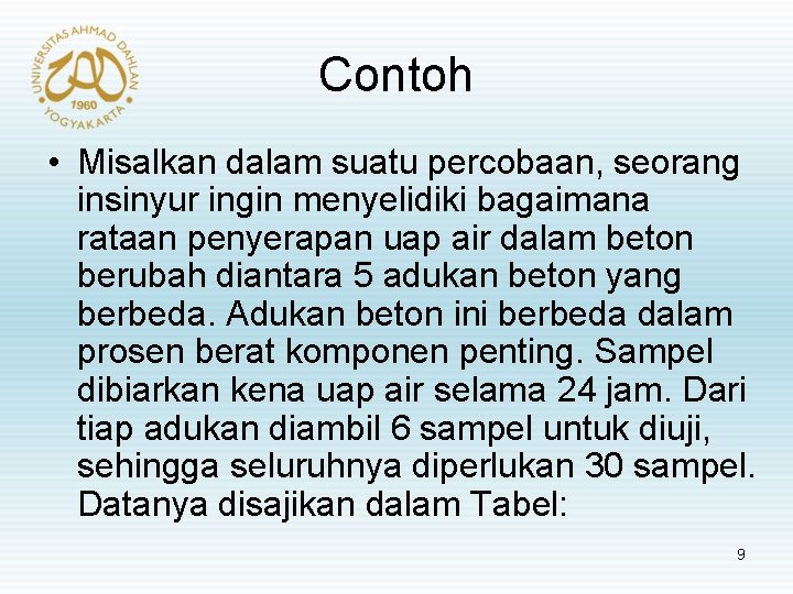 Contoh • Misalkan dalam suatu percobaan, seorang insinyur ingin menyelidiki bagaimana rataan penyerapan uap