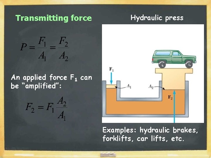 Transmitting force Hydraulic press An applied force F 1 can be “amplified”: Examples: hydraulic