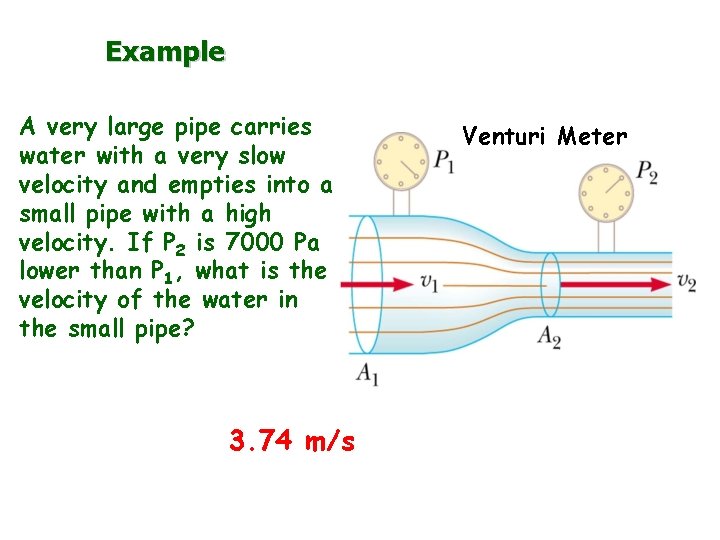 Example A very large pipe carries water with a very slow velocity and empties