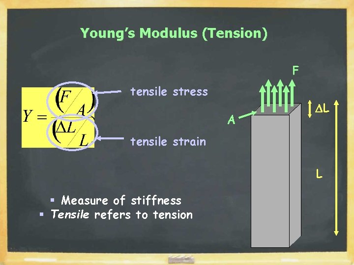 Young’s Modulus (Tension) F tensile stress A DL tensile strain L § Measure of