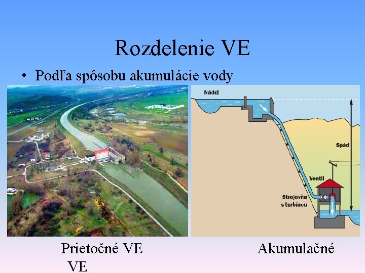 Rozdelenie VE • Podľa spôsobu akumulácie vody Prietočné VE Akumulačné VE Rozdelenie VE • Podľa spôsobu akumulácie vody Prietočné VE Akumulačné VE